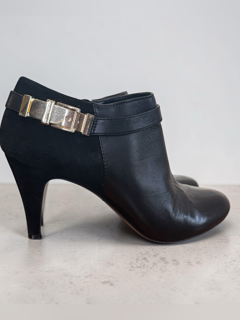 Vince Camuto Black Leather & Suede Ankle Booties with Gold Buckle